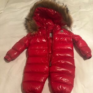 Moncler Baby Red Puffer Snowsuit with Fur Hood